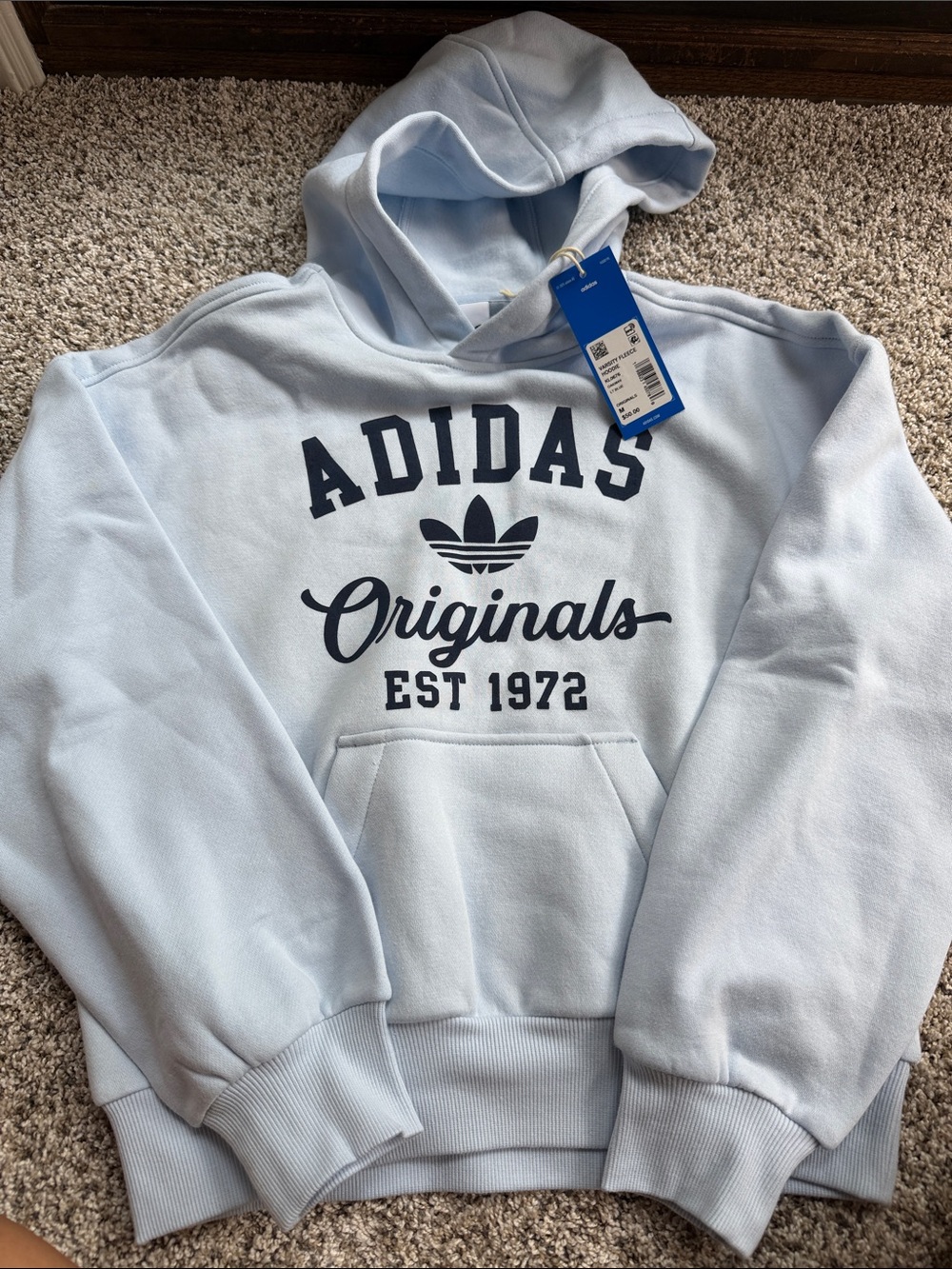 NWT adidas Originals Light Blue Hooded Sweatshirt with Navy Logo size medium
